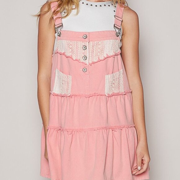 POL Dresses & Skirts - POL Lace Patchwork Detail Denim Overall Dress